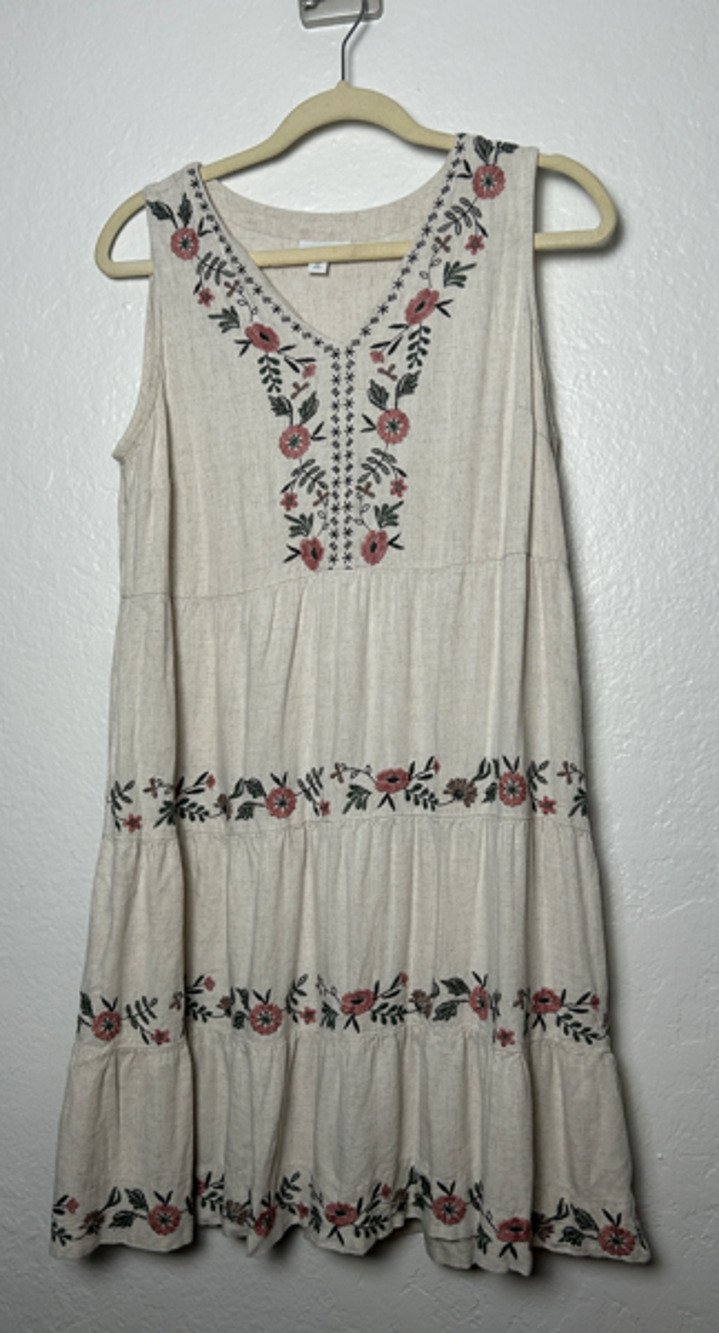 J Jill Mini Shift Dress Linen Blend Embroidred Boho Peasant Cottage Tiered Sz PM